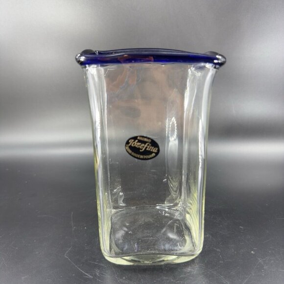 Krosno Jozefina Hand Blown Glass Vase Made In Poland Clear Cobalt Blue Edges VTG - Picture 10 of 16